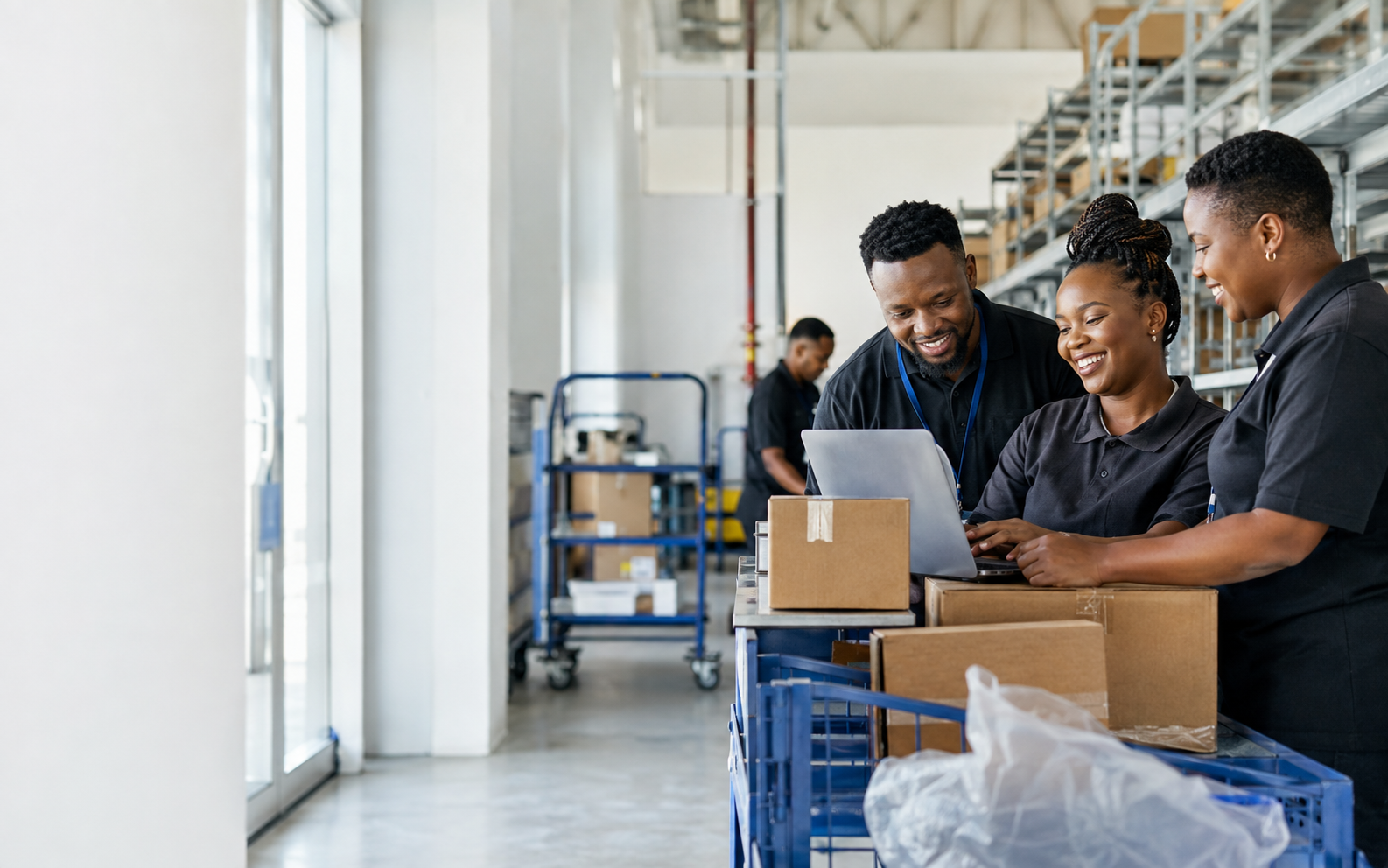 A capable logistics team working together in a modern distribution environment